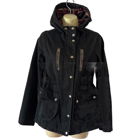 TOPSHOP Hooded Black Jacket US Size 2 With Drawstring to Define Waist Mid weight - Picture 1 of 13